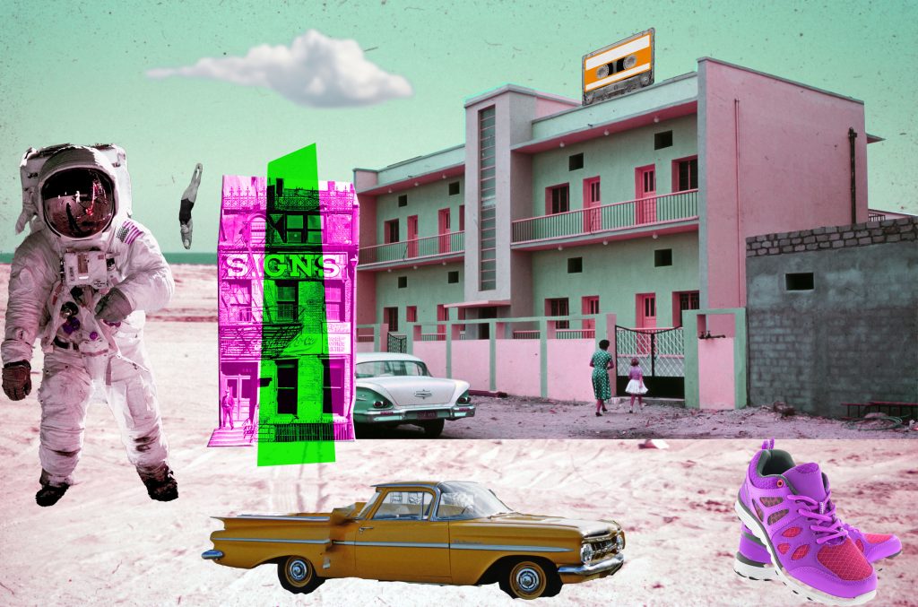 Montage photo avec un astronaute, une voiture, une chaussure coloré, un bâtiment découpé et un immeuble